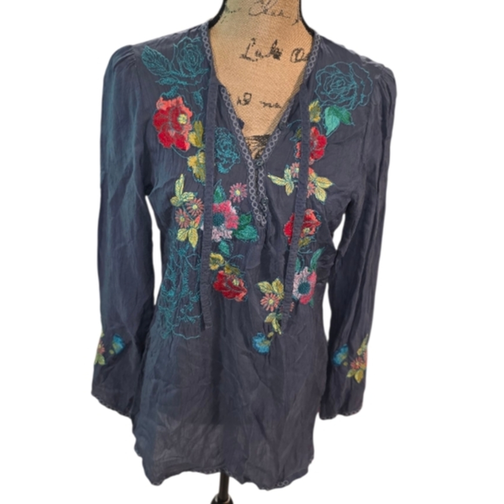 Johnny Was Embroidered Floral Navy Lightweight Long Sleeve Blouse Top Shirt Smal